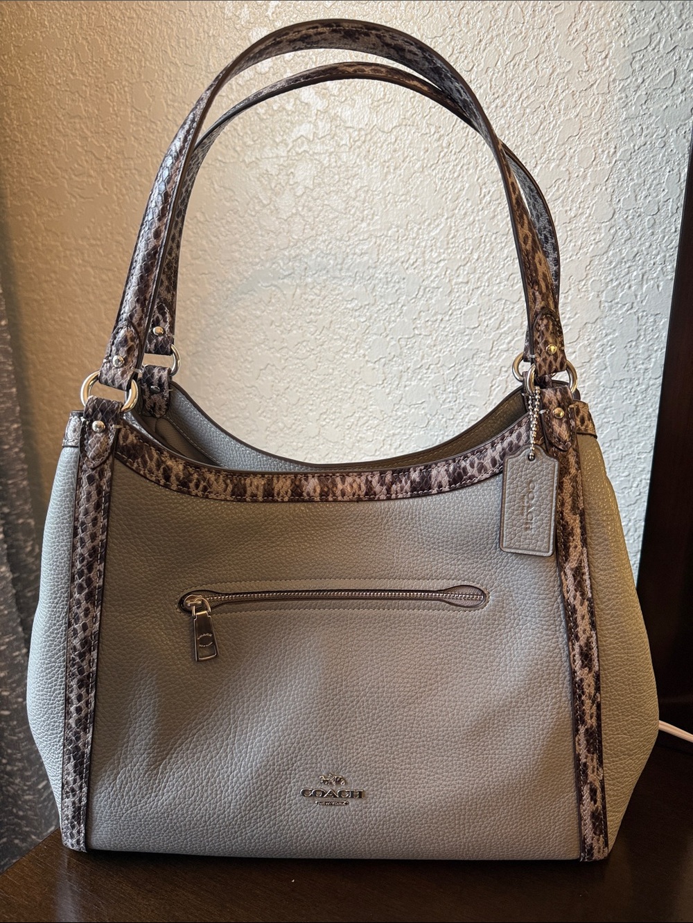 Coach Taupe Pebble Leather Shoulder Bag with Snake-Print Trim
